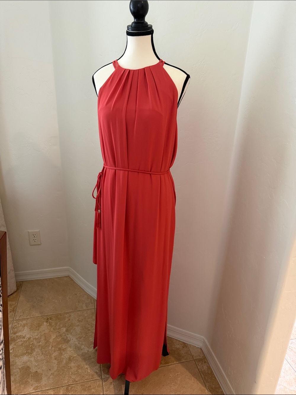 White House Black Market Coral Red Halter Maxi Dress with Tassel Belt